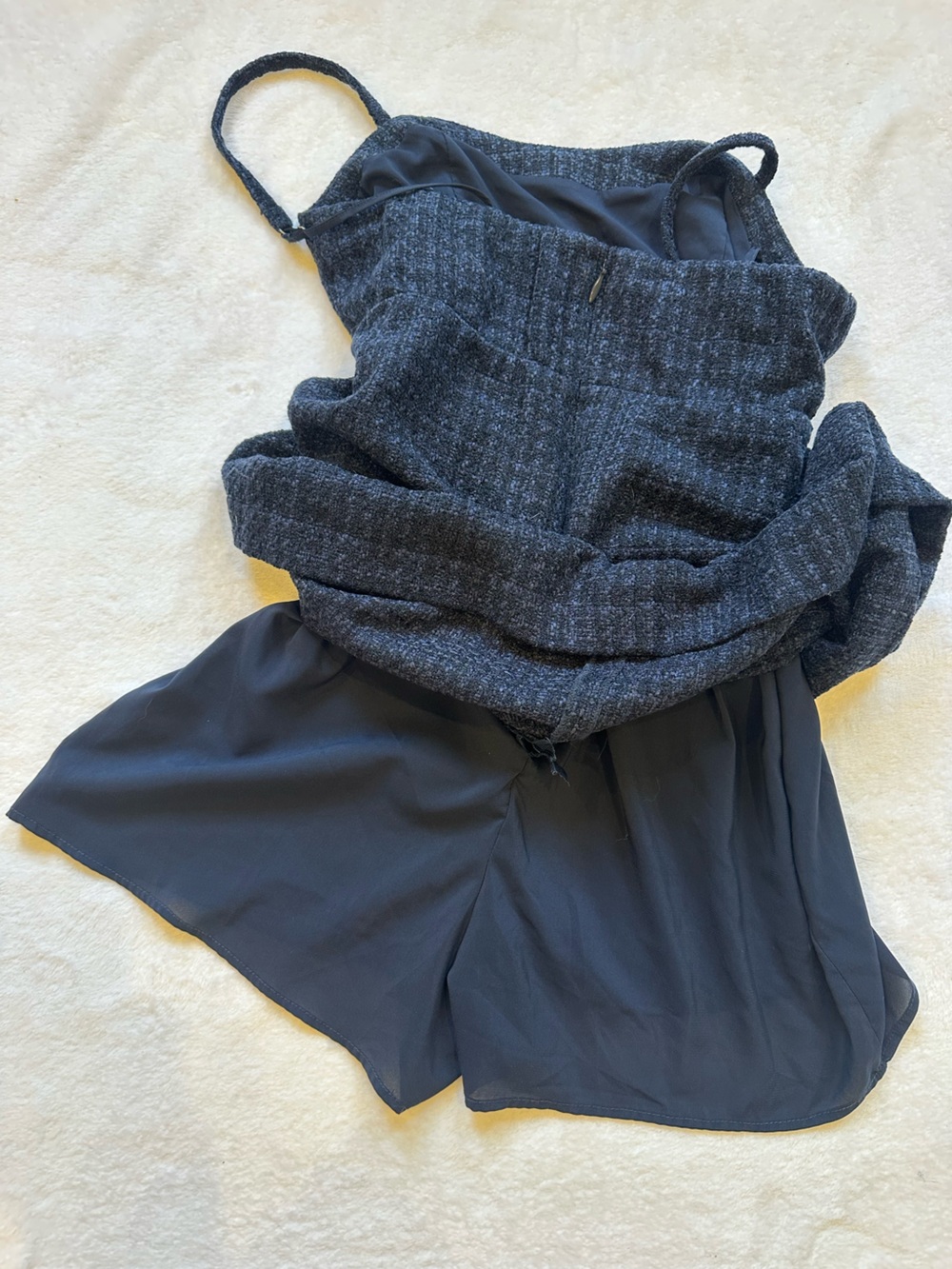 Textured Navy Mini Dress with Adjustable Spaghetti Straps and built in shorts - Picture 9 of 9